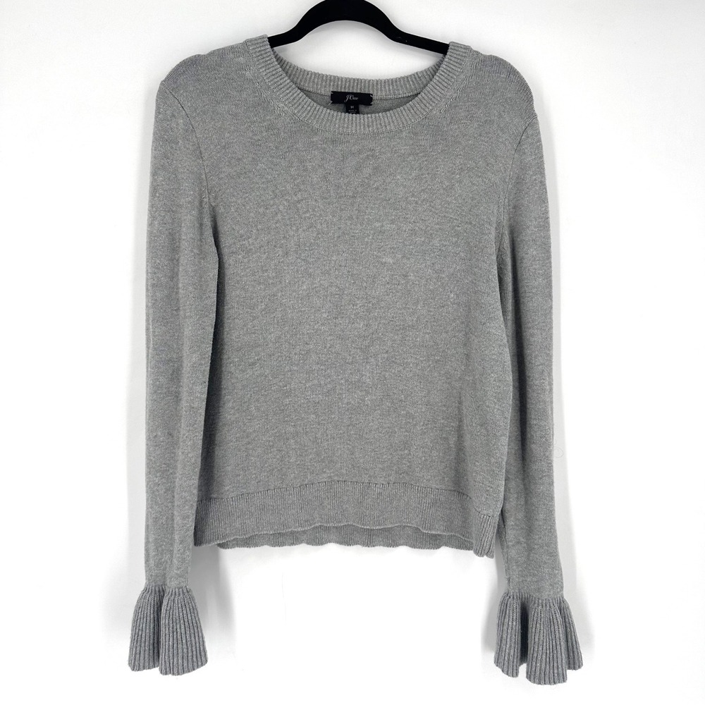 J Crew Gray Cotton Bell Sleeve Crewneck Sweater Women's Size‎ M 100% cotton